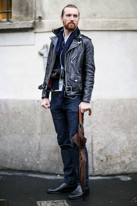 Schott Perfecto, Milan Men's Fashion Week, Fashion 2014, Leather Jacket Style, Mens Fashion Week, Fall Outfits For Work, Leather Denim, Men Street, Mens Fashion Suits