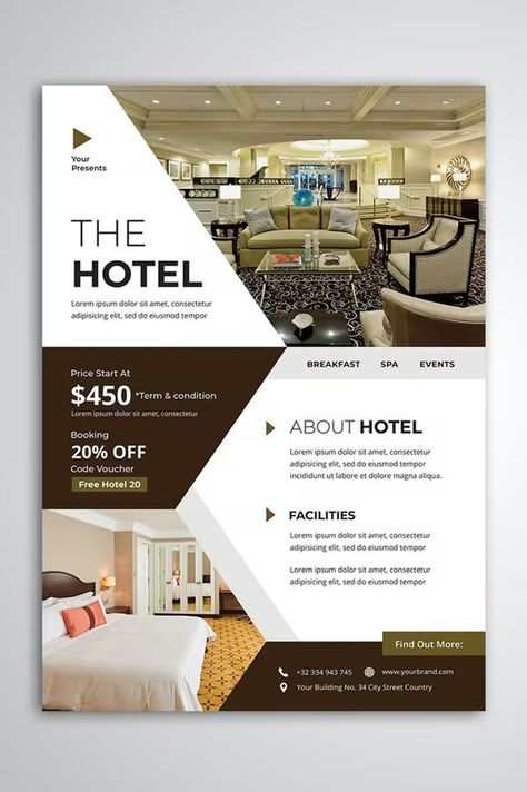 Hotel Flyer Template PSD Hotel Template Design, Hotel Ads Design, Hotel Flyer Design, Hotel Brochure Design, Hotel Ads, Hotel Marketing, Brochure Design Layout, Flyers Design, Illustrator Design Tutorial