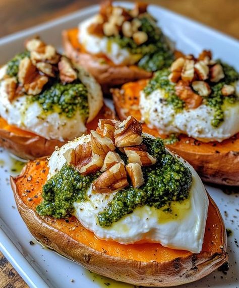 Walnut Maple Goat Cheese Roasted Sweet Potatoes, Roasted Parmesan Herb Sweet Potatoes, Pesto Stuffed Sweet Potato, Sweet Potato Rounds With Herbed Ricotta, Sage Pesto, Vegan Pesto Pine Nut, Potatoes Stuffed, Stuffed Sweet Potatoes, Food Vegetarian