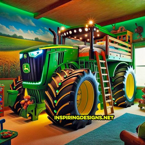 These Giant Tractor Kids Beds Will Turn Bedtime into an Adventure on the Farm! Boys Bedroom Decor Ideas For Kids, Weird Bedrooms, John Deere Bed, Tractor Bedroom, Tractor Bed, Weird Beds, Unusual Beds, Spiderman Car, Kids Car Bed