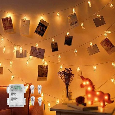 Polaroid Hanging, Hanging Polaroids, Lights For Bedroom Wall, String Lights For Bedroom, Dorm Lighting, Pictures On String, Photo Wall Display, String Lights In The Bedroom, Girly Apartment Decor