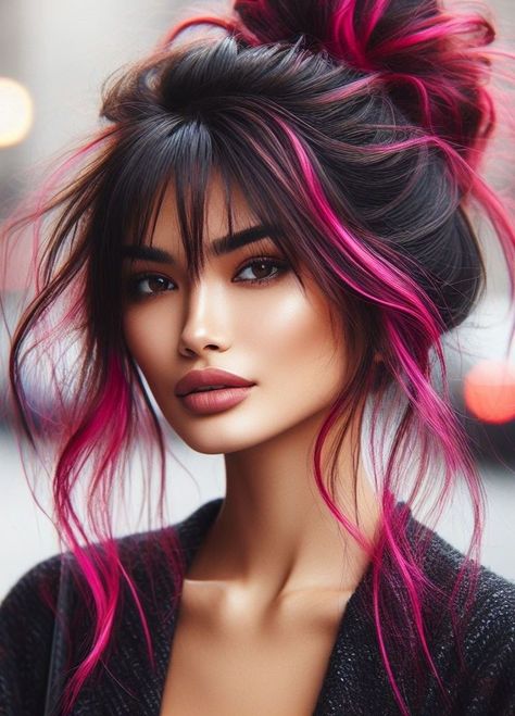 Hot Pink Hair Color, Messy Bun With Bangs, Pop Of Color Hair, Emo Hair Color, Bun With Bangs, Pink Hairstyles, Dramatic Hair Colors, Pink And Black Hair, Pink Hair Color