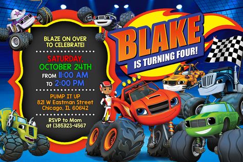 Blaze Party Decorations, Blaze Invitations, Truck Party Invitations, Blaze Birthday Party, Blaze Party, Blaze The Monster Machine, Blaze And The Monster Machines Party, Daniel Tiger Birthday Party, Tiger Birthday Party