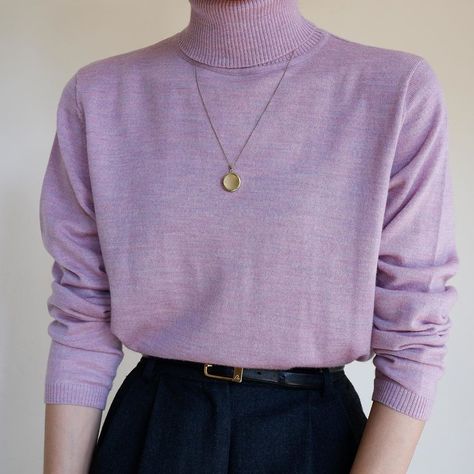 Lilac Knit Sweater Outfit, Lilac Turtleneck Outfit, Lilac Turtleneck, Vintage Lilac, Knit Sweater Outfit, Turtleneck Outfit, Timeless Wardrobe, Timeless Wardrobe Staples, Knit Long Sleeve