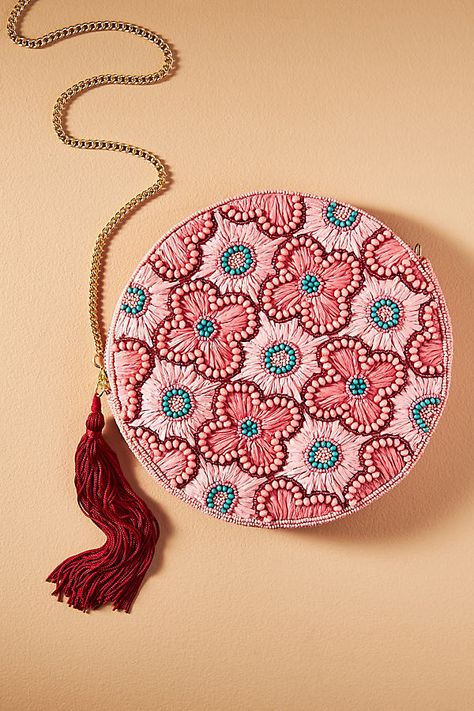 Paper raffia, acrylic, glass beads; cotton lining Removable chain strap One inner slip pocket Zipper styling Imported | Under the Sea Beaded Pouch by Anthropologie in Red, Women's, Cotton/Acrylic/Glass Beaded Pouch Bag, Round Pouch, Tambour Beading, Beaded Pouch, Diy Bag Designs, Embroidery Bags, Handmade Fashion Jewelry, Beaded Purses, Hand Embroidery Patterns