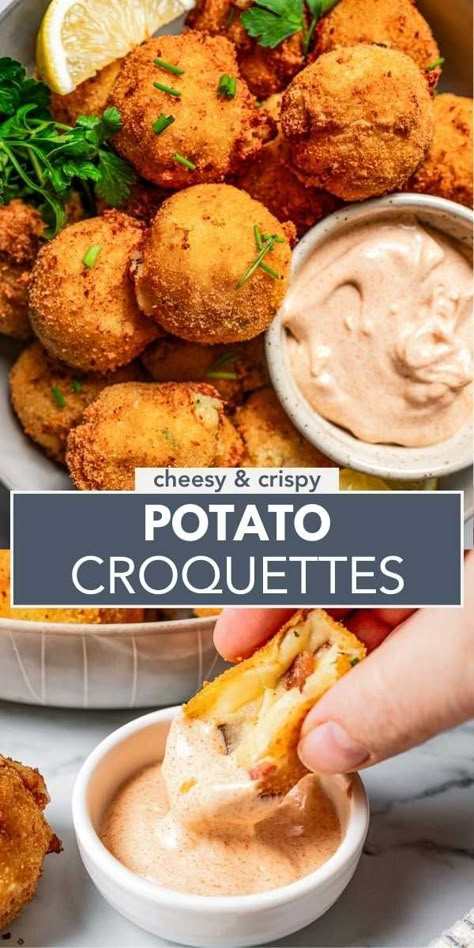 These potato croquettes are cheesy, crispy, and delicious! They're made of bacon and cheddar mashed potatoes formed into balls, coated with breadcrumbs, fried to a crispy golden brown, and served with garlic aioli. Potato Croquette Recipe, Croquettes Recipe, Potato Croquettes, Stuffed Potato Balls, Cheesy Potato, Potato Recipes Side Dishes, Breakfast Dinner, How To Cook Potatoes, Potato Side Dishes