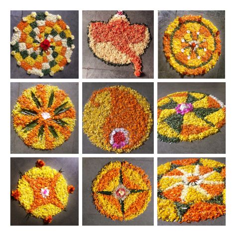 Onam pookalam /flower rangoli designs. I used primarily used marigold and leaves for green colour. Real Flowers Rangoli Designs Ideas, Diwali Shots, Real Flower Rangoli Designs, Marigold Rangoli, Real Flower Rangoli, Flowers Rangoli Designs Ideas, Rangoli Designs Ideas, Flowers Rangoli Designs, Floral Rangoli