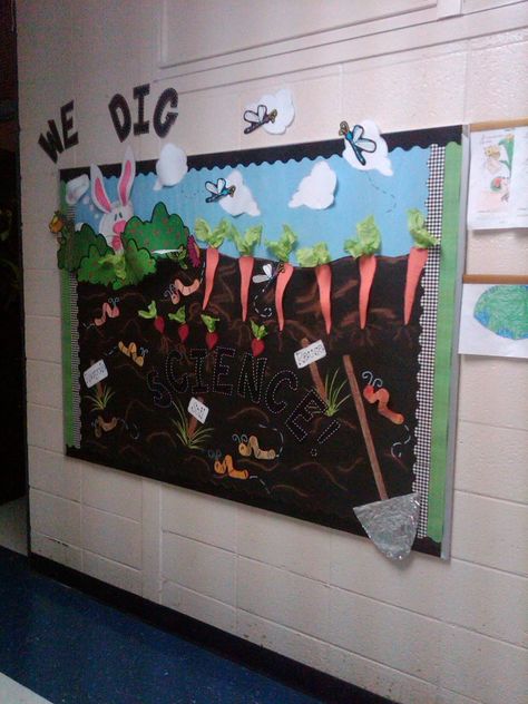 This "We Dig Science" bulletin board was created in the spring of 2011. We were studying soil at the time of Easter, therfore, I threw in a sneaky bunny for good measure;) Garden Bulletin Boards, Science Bulletin Board, Garden Theme Classroom, Art For Toddlers, Science Bulletin Boards, Preschool Garden, Reading Bulletin Boards, Spring Bulletin, Plants Unit