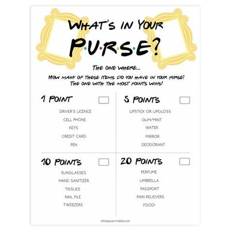 EDITABLE What's In Your Purse Game - Friends Bridal Shower Theme    Add a little something to your bridal shower with these collection of Friends bridal shower items, including games, signs and more #bridalshowergames #friendsbridalshower #bridalshower #bachelorettegames #printables