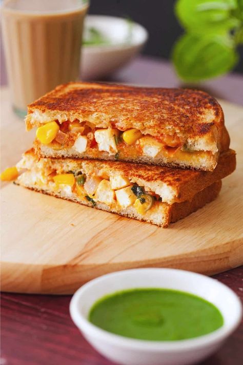 Veggie Paneer Sandwich - Sinfully Spicy Paneer Sandwich Recipe, Paneer Lababdar, Soft White Bread, Chutney Chicken, Paneer Sandwich, Cilantro Chutney, Pav Bhaji Masala, Canning Crushed Tomatoes, Savory Crepes