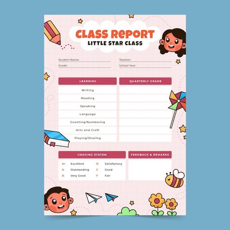 Hand drawn report card template | Free Vector #Freepik #freevector #report-card #school-report #school-template #lesson Kindergarten Report Cards Free Printable, Report Card For Kindergarten, School Report Card Design, Preschool Report Card Templates, Report Card Design, Reporting Design, School Id Card Template, School Report Card Template, Kindergarten Report Cards