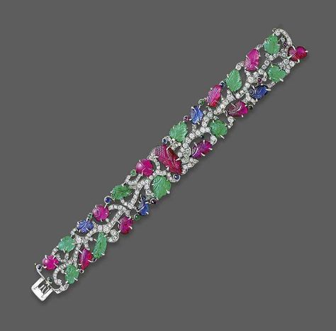 AN IMPORTANT MULTI-GEM AND DIAMOND 'TUTTI-FRUTTI' BRACELET, BY CARTIER Haute Jewelry, Neck Pieces Jewelry, Bangles Jewelry Designs, Cartier Jewelry, India Jewelry, Types Of Gemstones, Tutti Frutti, Fabulous Jewelry, Art Deco Jewelry