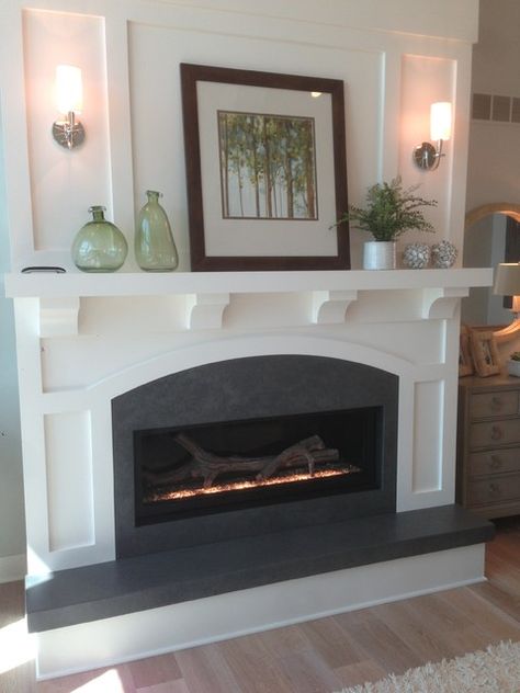 Concrete Fireplace Surrounds - Transitional - Living Room - Grand Rapids - by Hard Topix LLC | Houzz Raised Hearth Fireplace, Concrete Fireplace Surround, Raised Hearth, Hearth Stone, White Mantel, Farmhouse Transitional, Mantle Ideas, Scandinavian Rustic, Linear Fireplace