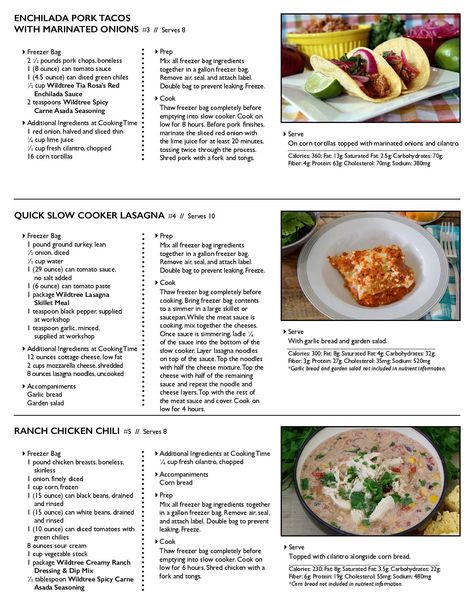 One Stop Crock Freezer Meal Workshop Recipes - Enchilada Pork Tacos, Quick Slow Cooker Lasagna, Ranch Chicken Chili Freezer Meal Workshop, Wildtree Freezer Meals, Wildtree Recipes, Chicken Carbonara Recipe, Chicken Freezer Meals, Slow Cooker Lasagna, Slow Cooker Freezer Meals, Chicken Tender Recipes, Crock Pot Cooking