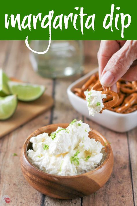 Margarita Dip with Pretzels | Take Two Tapas | #Margarita #MargaritaDip #Pretzels #Cocktails Dip With Pretzels, Margarita Dip, Gluten Free Puff Pastry, Salted Pretzel, Jimmy Buffet, Tapas Recipes, Sweet Dips, Pretzels Recipe, Tailgating Recipes