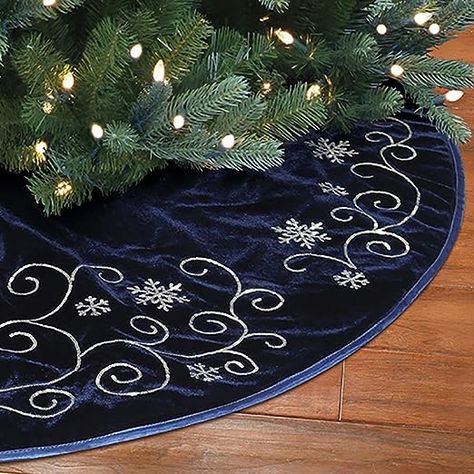 Velvet Christmas Decor with Embroidered Sequin Taffeta Piping and Snowflakes (Tree Skirt) Dark Blue Christmas Decor, Blue Tree Skirt, Dark Blue Christmas, Velvet Tree Skirt, Artificial Tree Stand, Snowflake Tree Skirt, Velvet Tree, 2023 Decor, Tree Skirt Pattern