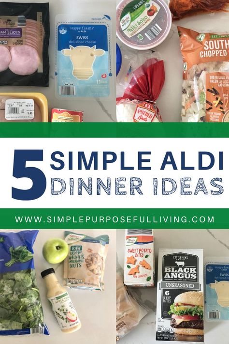 Aldi weekly meal plan with 5 simple dinner recipes for quick week budget-friendly meal ideas. All 5 meals make 6 servings and the total grocery cost is under $60! From tacos and burgers, to grilled cheese. This kid-friendly meal plan will be a hit with your wallet and family! #aldimealplan #aldidinnerideas #aldicheapmeals #aldidinnerrecipes #aldimealplanning #aldishoppinglist Aldi Dinners, Aldi Dinner Ideas, Aldi Meals, Simple Dinner Recipes, Raw Sweet Potato, Aldi Meal Plan, Aldi Recipes, Purposeful Living, Mild Salsa