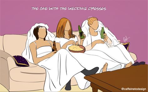 Girl squad Friends Wedding Dress Scene, Wedding Meme, Tv Weddings, Wedding Drawing, Scene Drawing, Bottle Designs, Friends Tv Series, Friends Wallpaper, Wedding Illustration