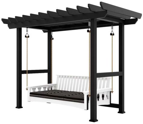 Outdoor Swing Ideas, Backyard Swing Ideas, Pergola With Swing, Swing Set Plans, Black Pergola, Swing Bed, Backyard Swings, Pergola Swing, Patio Swing