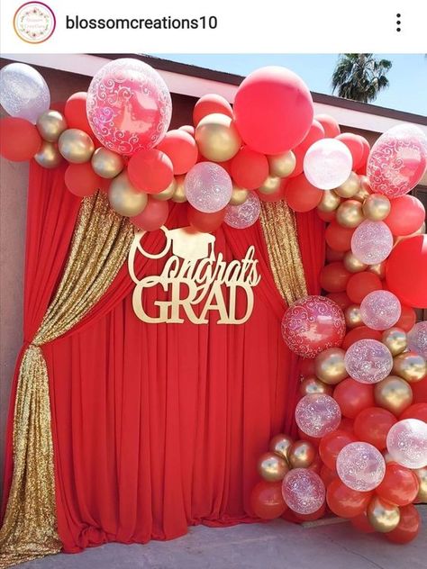 25 Best Graduation Backdrop Ideas For Any Grad Party! Iu Graduation Party Ideas, Red And Gold Graduation Party Ideas, Red And White Graduation Party Ideas, Graduation Backdrop Ideas, Instagram Worthy Pictures, Gold Balloons Decorations, Gold Graduation Decorations, College Graduation Party Decorations, Prom Backdrops