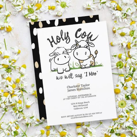 Holy Cow We Will Say I Moo Wedding invites from #Ricaso https://www.zazzle.com/holy_cow_we_will_say_i_moo_wedding_invitation-256409412162247042 Love is in the pasture! Introduce your beloved bovine couple with the Holy Cow We Will Say I Moo Wedding invitation from Ricaso. This fun and quirky design features a cartoon cow bride and groom with the pun-tastic phrase "Holy Cow We Will Say I Moo". - Whimsical cow bride and groom cartoon design #holycow #cow #cowcouple #cowwedding #weddinginvit... Groom Cartoon, Bride And Groom Cartoon, Western Themed Wedding, Blue Cow, Cartoon Cow, Themed Weddings, Cows Funny, Future Wedding Plans, Wedding Prints