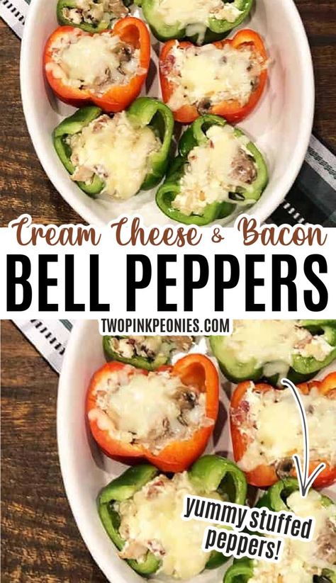 These bacon stuffed bell peppers with cream cheese are such an awesome low carb dinner recipe. They are filled with bacon and cheese and even though they are low in carbs, they are also a very family friendly recipe. Bell Peppers With Cream Cheese, Cheese Stuffed Bell Peppers, Peppers With Cream Cheese, Recipe Using Tomatoes, Best Stuffed Pepper Recipe, Cream Cheese Stuffed Peppers, Stuffed Peppers With Rice, Bell Pepper Recipes, Bacon And Cheese