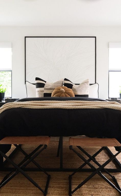 Black Headboard Tan Bedding, Beige And Black Bedding, Bedding Ideas Black, Black And Brown Bedding, Black Bedding Decor, Black White And Tan Bedroom, Tan And Black Bedroom, Black Bed Covers, Ivory Pillows