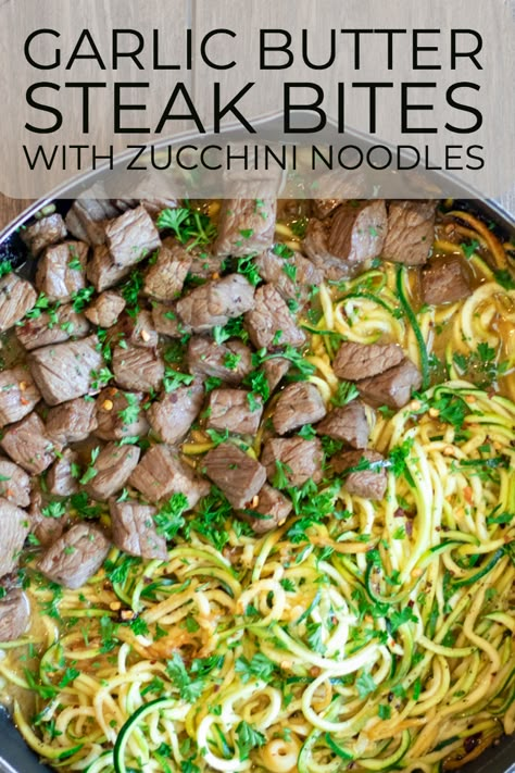 Keto Beef Roast, Squash Noodle Recipes, Steak Bites With Zucchini Noodles, Zucchini Pommes, Garlic Butter Noodles, Garlic Butter Steak Bites, Butter Steak Bites, Garlic Steak, Garlic Butter Salmon