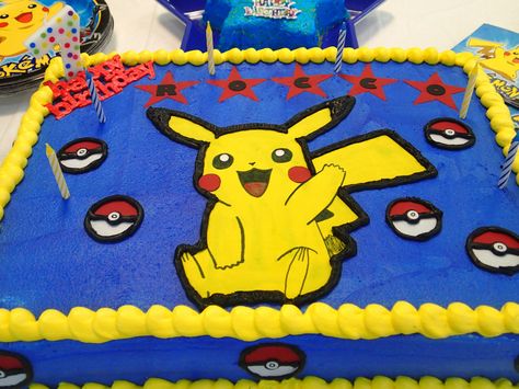 Pikachu Birthday cake made with sugar sheet Pikachu Sheet Cake, Pokemon Birthday Sheet Cake, Cake Pikachu, Pokemon Sheet Cake Ideas, Pokemon Sheet Cake, Cake Pokemon, Pikachu Birthday, Birthday Pikachu, Pikachu Cake