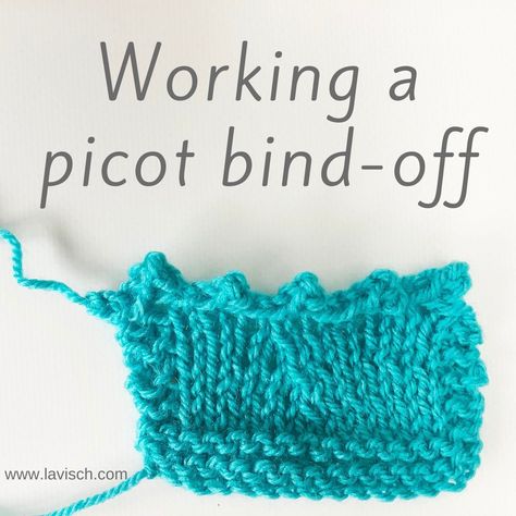 A knitted swatch in blue yarn, bound of with the picot bind-off. Picot Stitch, Lace Shawls, Casting On Stitches, Knitting Hacks, Knitting Tutorials, Knit Stitches, Second Hand Stores, Cast Off, How To Start Knitting