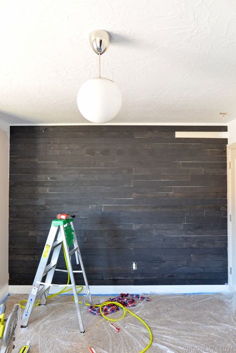 Vintage Revivals | Come to the Dark Side JoJo: How to DIY Black Shiplap Painted Shiplap Walls, Painted Shiplap, Stained Shiplap, Shiplap Bedroom, Black Shiplap, Wall Stains, Painting Shiplap, Black Wood Stain, Black Accent Walls