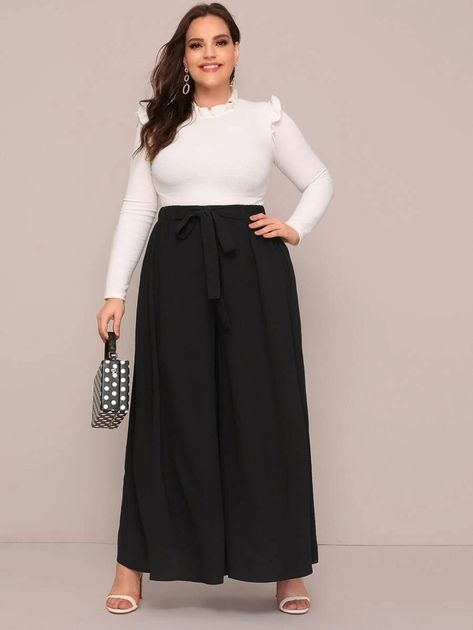 Plus Tie Front Exaggerate Wide Leg Pants | SHEIN USA Blue Wide Leg Pants Outfit, Wide Leg Pants Outfit Plus Size, Black Wide Leg Trousers Outfit, Black Wide Leg Pants Outfit, Wide Leg Pants Outfit Work, Chubby Outfit Ideas, Wide Leg Trousers Outfit, Palazzo Pants Plus Size, Wide Leg Pants Outfit