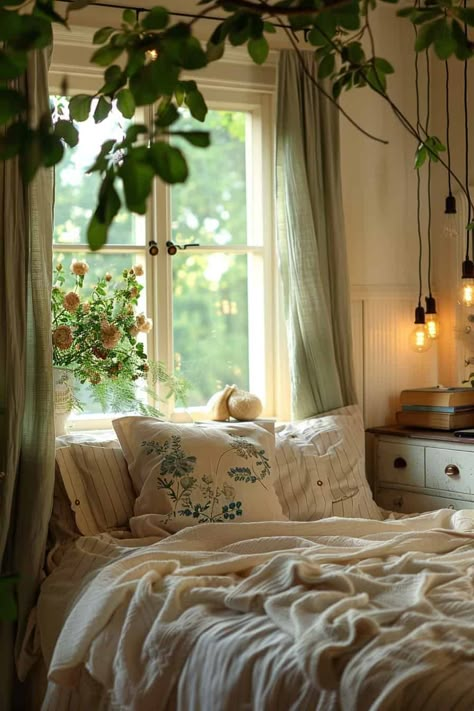 Fairy Garden Bedroom Aesthetic, Bed Window Behind, Beds Under Windows, Bed Under Window Ideas, Bed In Front Of Window Ideas, Under Window Ideas, Bed Under Windows, Bed Under Window, Bed Against Window