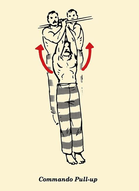 illustration commando pull-up, prisoner workout, bodyweight exercises, convict conditioning Convict Conditioning, Prison Workout, Hanging Leg Raises, Bodyweight Exercises, The Prisoner, Art Of Manliness, Calisthenics Workout, Body Weight Training, Gym Workout Tips