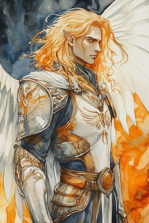 Aelthorin a the pale embodiment of divinity, with skin that glows faintly with the pearlescent sheen of his aasimar heritage. His hair almost floats like a waterfall of golden sunlight, reaching well past his shoulders, adorned with silver clasps and rings. His eyes resemble liquid gold, set in a face framed by sharp, regal features. His armor is polished bronze, embossed with intricate celestial... Dhampir Paladin Dnd, Aasimar Dnd Art, Paladin Dnd Aesthetic, Fallen Aasimar Dnd, Aasimar Dnd Male, Dnd Cleric Art, Light Domain Cleric, Aasimar Ranger, Aasimar Art