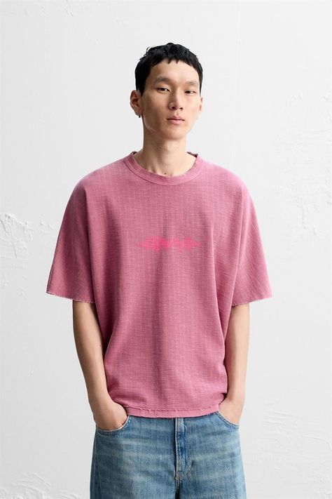 KNIT PATCH T-SHIRT - Pink | ZARA United States Leather T Shirt, Waistcoat Dress, Tshirt Men, Cardigan Sweater Jacket, Cardigan Sweater Dress, Leather Shirt, Zara Man, Knitted Tshirt, Sweater Coats