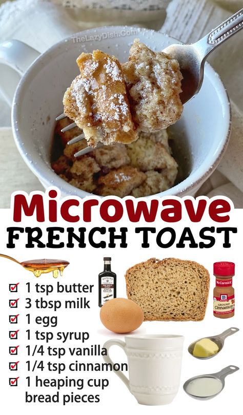 Microwave Recipes Dinner, French Toast In A Mug, Quick And Easy Breakfast Ideas, Mug Dessert Recipes, Microwave Cooking Recipes, Cheap Ingredients, Microwave Mug Recipes, Easy Microwave Recipes, Microwave Breakfast