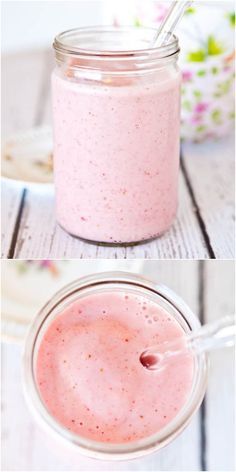 Strawberries and Cream Smoothie (vegan, GF) - Like a strawberry milkshake but healthier! Sweet, creamy & satisfying! Strawberries And Cream Smoothie, Smoothies Vegan, Resep Smoothie, Milk Shakes, Strawberry Milkshake, Vegan Smoothies, Smoothie Shakes, Smoothie Drinks, Milkshakes