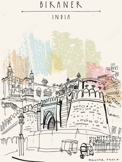 Bikaner, Rajasthan, India. Junagarh fort. Street  rickshaws parking. Travel sketch, artistic drawing. Vintage hand drawn touristic postcard or poster. Vector illustration India Drawing, John Hill, Cityscape Drawing, Landmark Poster, Drawing Vintage, Indian Illustration, Trip To India, Dancers Art, Watercolor Architecture