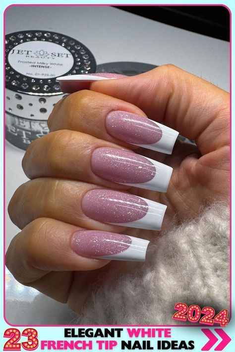 Glittery long square-shaped nails with white French tip nails. Made with acrylic and subtle glitter, these nails have a natural pink base and a glossy finish. Perfect for parties and special events, combining elegance and fun. White French Tip Nail Ideas, Square Stiletto Nails, Tip Nail Ideas, French Tip Nail Ideas, Glitter French Nails, White French Nails, Pink French Nails, White Tip Nails, Glitter French Tips