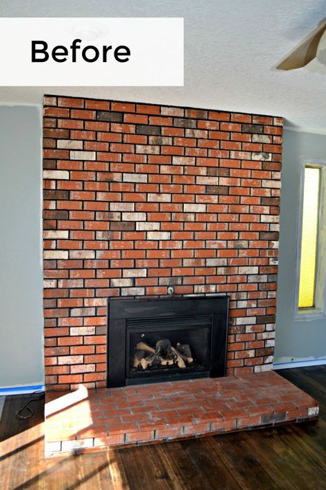 Outdated living room fireplace with red, multi-colored brick is transformed with whitewash #whitewash #diyproject Pellet Stove Ideas Living Rooms, Wood Burning Stove Ideas, Pellet Stove Ideas, Brick Fireplace Decor, White Wash Fireplace, Stove Hearth, White Wash Brick Fireplace, Wood Stove Hearth, Whitewash Paint