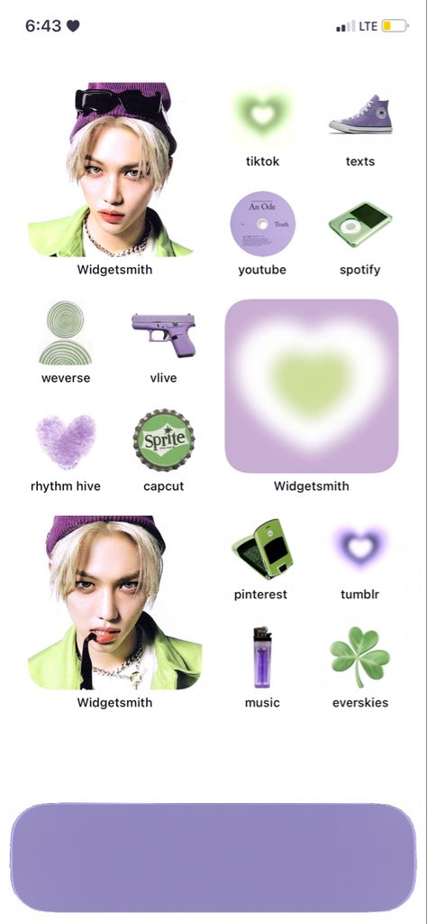 Green Felix Icon, Purple And Green Lockscreen, Purple Felix Wallpaper, Green And Purple Homescreen, Purple And Green Phone Theme, Ios Customization, Samsung Themes, Phone Green, Ipad Homescreen