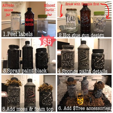 Black Spray Paint Halloween, Diy Halloween Vase, Spray Paint Glass Jars, Potion Shelf, Upcycled Jars, Witchy Party, Halloween Vase, Highlight Colors, Painting Glass Jars