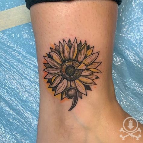 Semi Colon Tattoo Flower, Tattoo Flower Simple, Stay Tattoo, Semicolon Tattoo Ideas, Semi Colon Tattoo, Watercolor Heart Tattoos, Semicolon Tattoo Meaning, Colon Tattoo, Tattoo Sun