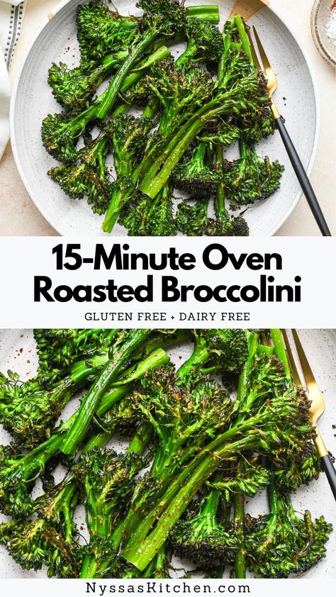 This 15-minute oven roasted broccolini is the best quick side dish that pairs well with so many meals! It’s one of our all-time favorites when we need a simple veggie recipe to serve with dinner. Made with broccolini (also sometimes called baby broccoli), olive oil, and a few simple spices – it cooks quickly in the oven on a sheet pan until tender with slightly charred florets. The recipe is not only delicious but also nutrient-dense, gluten-free, dairy-free, Whole30 compatible, and paleo-... Recipes For Broccolini, Roasted Baby Broccoli, Charred Broccolini Recipe, Oven Roasted Broccolini Recipe, Baked Broccolini, Broccolini Recipe Side Dishes, Brocollini Recipes, How To Cook Broccolini, Brocolini Recipes