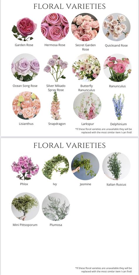 Pink Purple Wedding Theme, Pretty Flower Names, Wedding Flower Types, Pink Purple Wedding, Spring Wedding Color Palette, Purple Wedding Theme, Flower Arrangement Designs, Flower Guide, Spring Wedding Colors