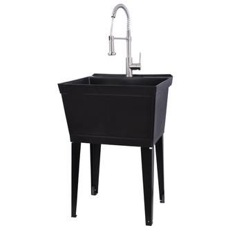 Black Utility Sink, Slop Sink, Garage Redo, Wash Station, Black Tub, Chrome Kitchen Faucet, Laundry Cabinets, Black Faucet, Laundry Tubs