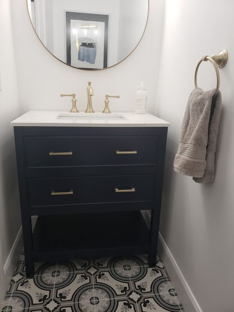 Navy and Brushed Gold Powder Room Cabinets Half Baths, Navy And Gold Half Bathroom, Navy And White Powder Room, Navy And Gold Powder Room, Navy Blue Powder Room, Navy Powder Room, Gold Powder Room, Black And White Powder Room, Grey Powder Room