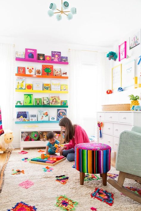 Studio DIY's Jeff and Kelly Mindell Share Their Colorful Nursery | Kids Room Ideas for Playroom, Bedroom, Bathroom | HGTV Ideas For Playroom, Garden Sunroom, Dahlia Chandelier, Kids Room Ideas, Rainbow Bedroom, Colorful Nursery, Colorful Playroom, Dawn Photography, Playroom Bedroom