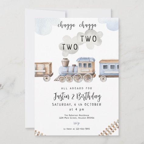 Train 2nd Birthday Chugga Two Two Boy Invitation Train Second Birthday, Train Birthday Decorations, Train 2nd Birthday, Second Birthday Boys, 2nd Birthday Party For Boys, Second Birthday Party, 2nd Birthday Boys, Two Two, Second Birthday Ideas